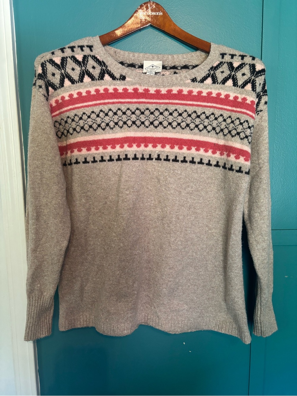 St. John's Bay Beige Crewneck Sweater with Pink and Black Patterned Yoke Small